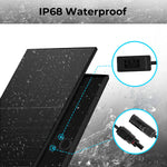 Two black solar panels with water droplets, indicating waterproof capability. Close-up insets show a black electrical connector and a power control box with subtle box-shadow effects for added emphasis. Text above reads IP68 Waterproof in a bold, easy-to-read font-family, standing out against the sleek panels.