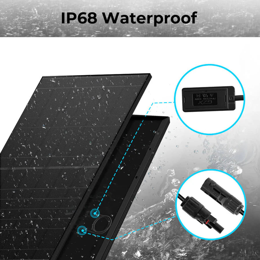 Two black solar panels with water droplets, indicating waterproof capability. Close-up insets show a black electrical connector and a power control box with subtle box-shadow effects for added emphasis. Text above reads IP68 Waterproof in a bold, easy-to-read font-family, standing out against the sleek panels.