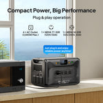 A Bluetti portable power station sits on a kitchen counter next to a microwave, with text highlighting its versatile AC outlets and compatible plug types. Emphasizing easy plug-and-play operation and dependable performance, the Bluetti power station makes it simple to keep your essential appliances running smoothly.
