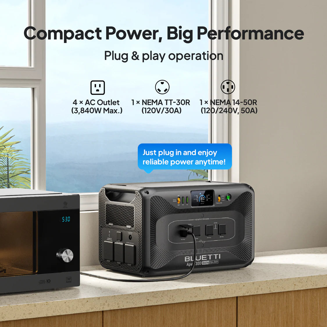 A Bluetti portable power station sits on a kitchen counter next to a microwave, with text highlighting its versatile AC outlets and compatible plug types. Emphasizing easy plug-and-play operation and dependable performance, the Bluetti power station makes it simple to keep your essential appliances running smoothly.