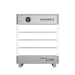 The Homegrid home battery system is a modular, rectangular unit in white and gray with a digital display and Powered by Lithion at the base, designed for reliable home energy storage.