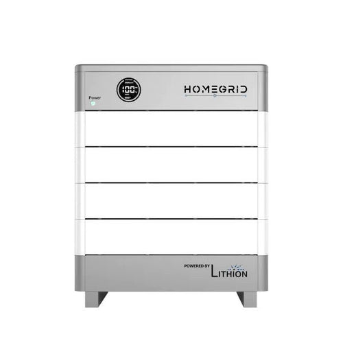 The Homegrid home battery system is a modular, rectangular unit in white and gray with a digital display and Powered by Lithion at the base, designed for reliable home energy storage.