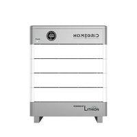 The Homegrid home battery system is a modular, rectangular unit in white and gray with a digital display and Powered by Lithion at the base, designed for reliable home energy storage.