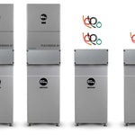 Four gray EG4 industrial battery storage units are shown: two taller units on the left labeled FLEXBOSS 21, and two shorter units on the right labeled ECU; colored cables are placed above the two taller units.
