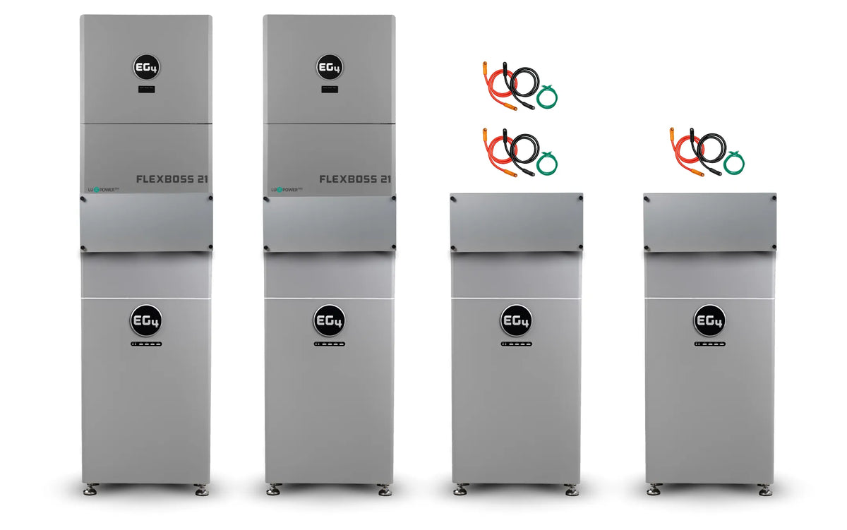 Four gray EG4 industrial battery storage units are shown: two taller units on the left labeled FLEXBOSS 21, and two shorter units on the right labeled ECU; colored cables are placed above the two taller units.