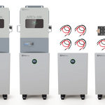 Three white BigBattery units and two gray control panels are displayed, accompanied by nine sets of cables and nine rectangular connection plates, all neatly arranged in rows against a white background—styled with clean lines reminiscent of an IBM Plex Sans aesthetic, making them ideal for showcasing on a CSS product card.