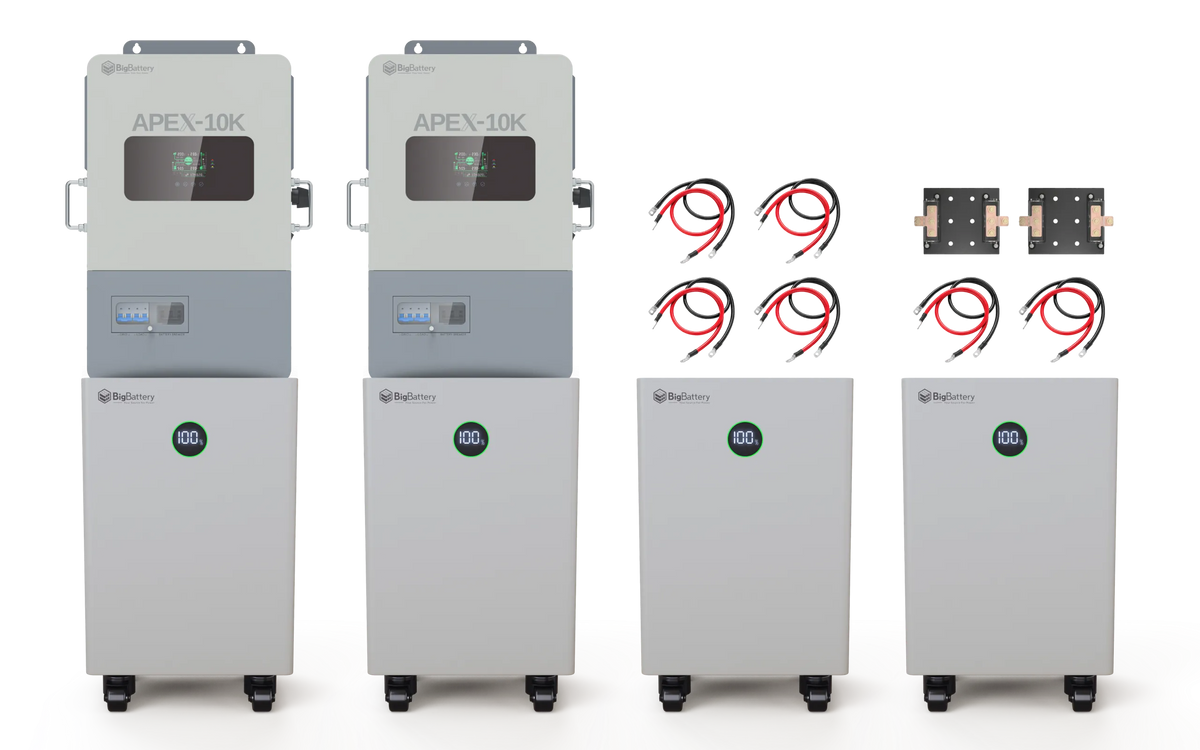 Three white BigBattery units and two gray control panels are displayed, accompanied by nine sets of cables and nine rectangular connection plates, all neatly arranged in rows against a white background—styled with clean lines reminiscent of an IBM Plex Sans aesthetic, making them ideal for showcasing on a CSS product card.