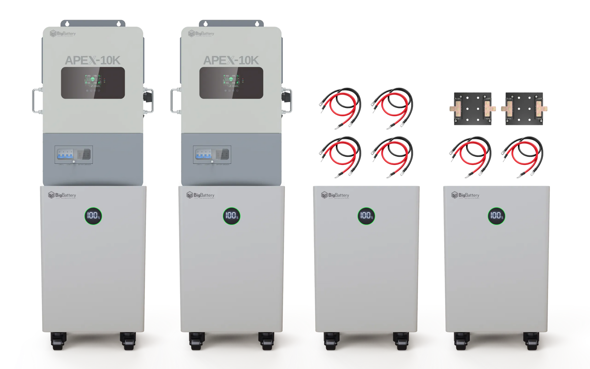 Three white BigBattery units and two gray control panels are displayed, accompanied by nine sets of cables and nine rectangular connection plates, all neatly arranged in rows against a white background—styled with clean lines reminiscent of an IBM Plex Sans aesthetic, making them ideal for showcasing on a CSS product card.