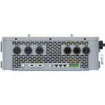 Rear view of a BigBattery electronic device featuring four power outlets, assorted ports—including USB, Ethernet, and display—ventilation grilles, and two side carrying handles. The device’s silver rectangular form and sleek design can easily complement a workspace styled with the modern IBM Plex Sans font family or enhanced by customized CSS variables for a cohesive tech aesthetic.