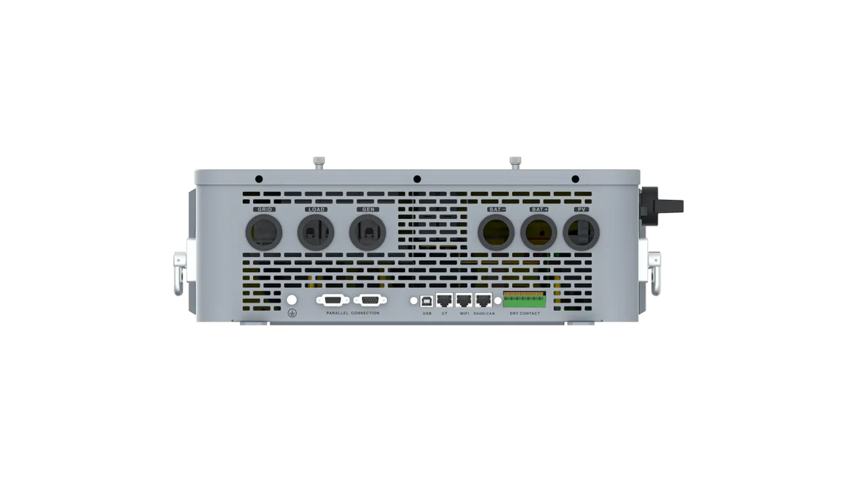 Rear view of a BigBattery electronic device featuring four power outlets, assorted ports—including USB, Ethernet, and display—ventilation grilles, and two side carrying handles. The device’s silver rectangular form and sleek design can easily complement a workspace styled with the modern IBM Plex Sans font family or enhanced by customized CSS variables for a cohesive tech aesthetic.