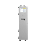 A tall, rectangular BigBattery gray metal electrical control panel stands on adjustable feet against a plain white background. The front features a small door, a label in clear IBM Plex Sans font display, and control buttons, while the subtly rounded panel edges provide a sleek and modern look.