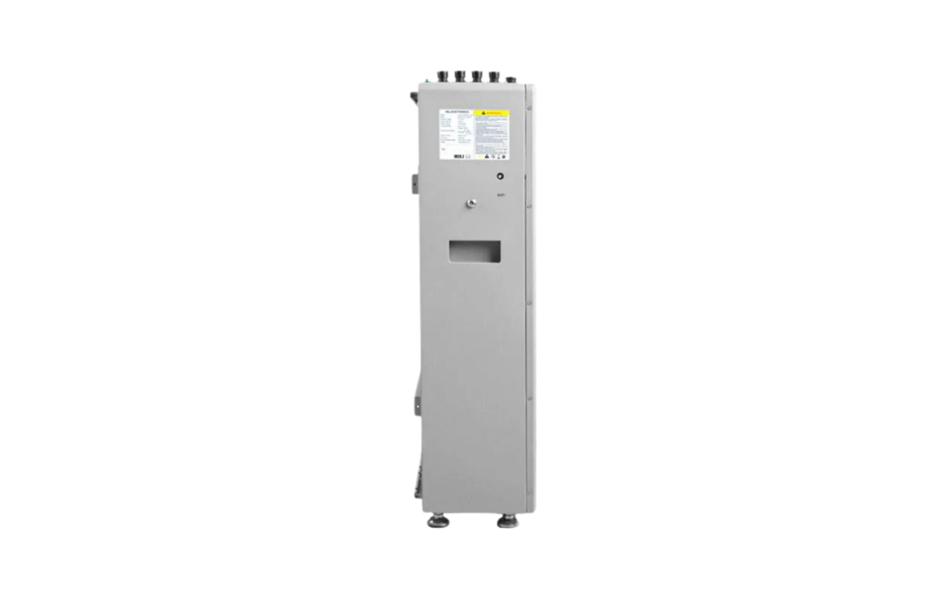A tall, rectangular BigBattery gray metal electrical control panel stands on adjustable feet against a plain white background. The front features a small door, a label in clear IBM Plex Sans font display, and control buttons, while the subtly rounded panel edges provide a sleek and modern look.
