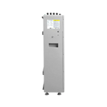 A tall, gray EG4 industrial electrical panel stands upright with a small display featuring crisp IBM Plex Sans font, a rectangular cutout with subtly rounded edges, and a warning label on its front. The unit is equipped with four leveling feet and several connectors positioned on top.