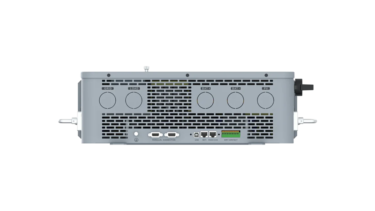 Rear view of a BigBattery 10k electronic device showing ventilation grilles, four circular ports, various input/output connectors including HDMI, Ethernet ports, and USB ports—all clearly labeled for connections in an IBM Plex Sans typeface.