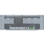 Rear view of a gray BigBattery Apex10k electronic device showing ventilation grilles, circular ports labeled EX1-EX4, various connectors including HDMI, USB, Ethernet, and a green terminal block, all styled against a card background with handles on both sides in clean IBM Plex Sans type.