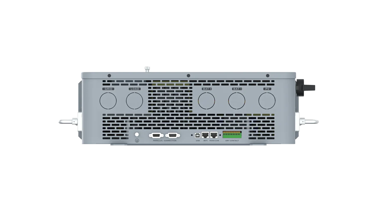 Rear view of a gray BigBattery Apex10k electronic device showing ventilation grilles, circular ports labeled EX1-EX4, various connectors including HDMI, USB, Ethernet, and a green terminal block, all styled against a card background with handles on both sides in clean IBM Plex Sans type.