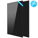 Two Sungold Power black solar panels stand upright side by side. A blue label says 500W, and a blue badge reads 2PCS, showing this is a set of two 500-watt panels for your hybrid solar kit with lithium battery storage.