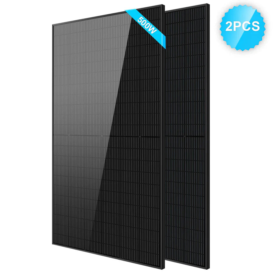 Two Sungold Power black solar panels stand upright side by side. A blue label says 500W, and a blue badge reads 2PCS, showing this is a set of two 500-watt panels for your hybrid solar kit with lithium battery storage.