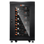 A black Rich Solar battery cabinet on four wheels displays six stacked Alpha 5 Max battery modules behind a glass front door, featuring a Battery Management System (BMS) for advanced safety and performance.