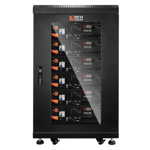 A black Rich Solar battery cabinet on four wheels displays six stacked Alpha 5 Max battery modules behind a glass front door, featuring a Battery Management System (BMS) for advanced safety and performance.