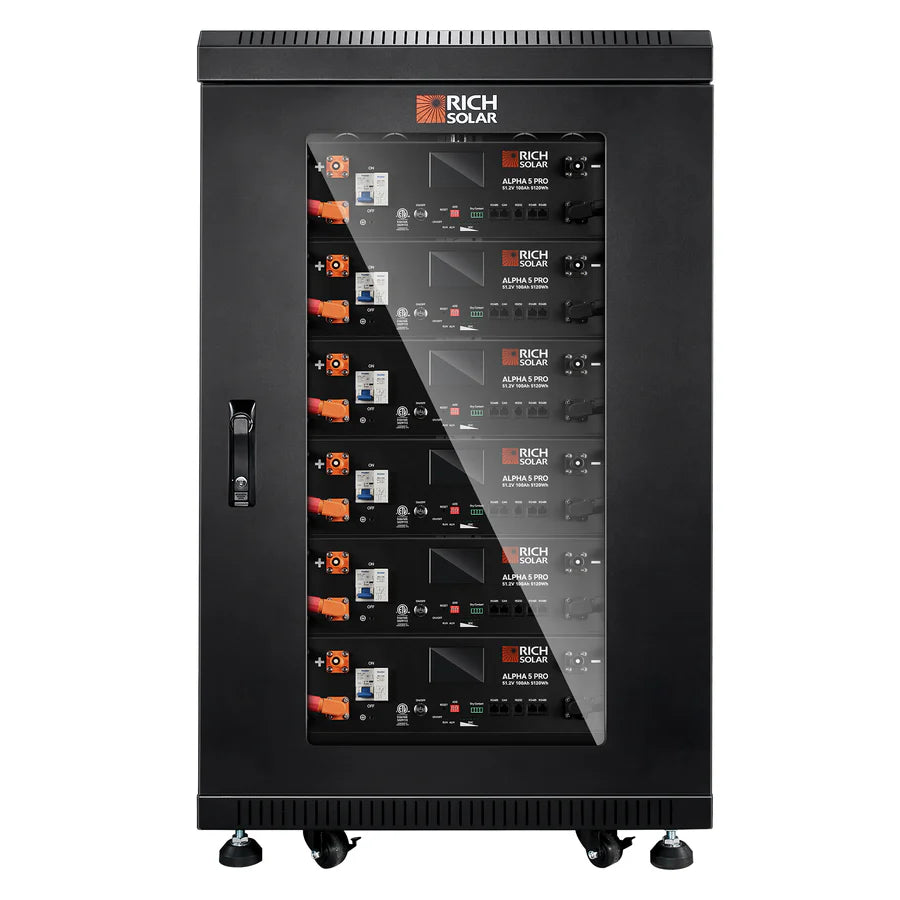 A black Rich Solar battery cabinet on four wheels displays six stacked Alpha 5 Max battery modules behind a glass front door, featuring a Battery Management System (BMS) for advanced safety and performance.