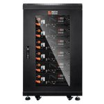 A black Rich Solar battery cabinet on wheels with a glass door, showing multiple stacked Lithium Iron Phosphate Batteries labeled Alpha 5 Pro and visible control panels.