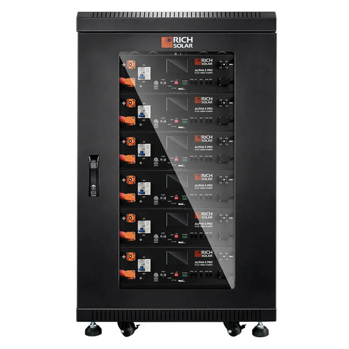 A black Rich Solar battery cabinet on wheels with a glass door, showing multiple stacked Lithium Iron Phosphate Batteries labeled Alpha 5 Pro and visible control panels.