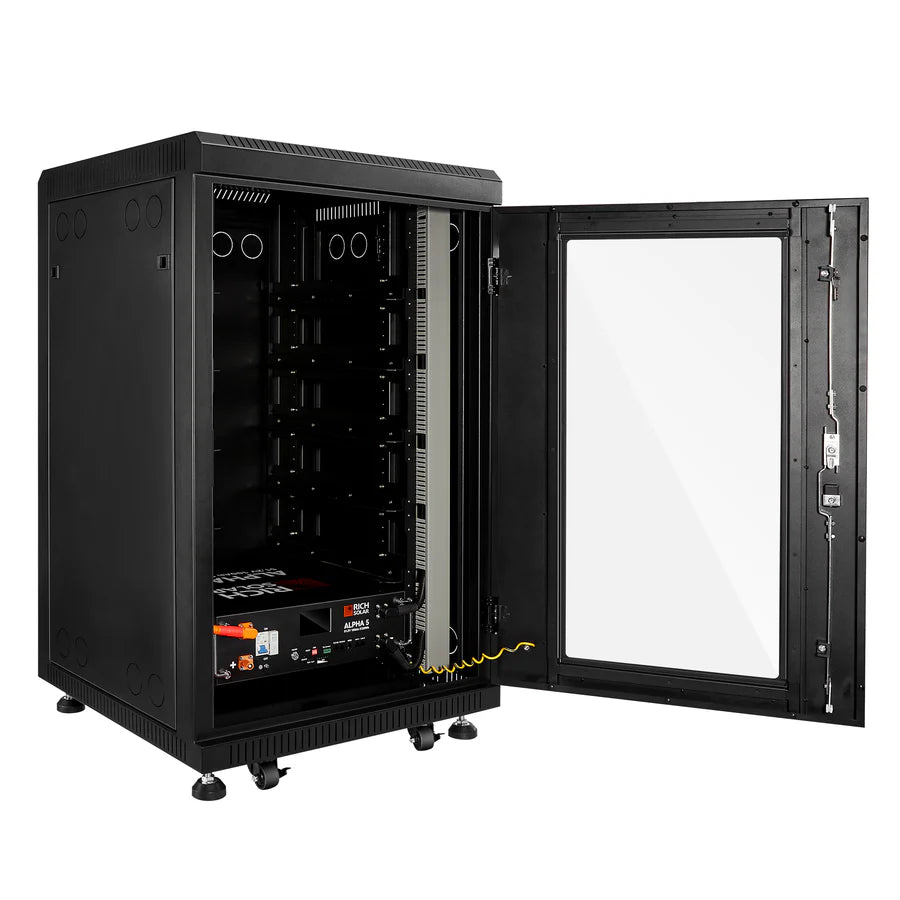 A black Rich Solar server rack cabinet with a glass front door open, showing networking gear, cables, and hardware slots. Perfect for hybrid solar inverters or lithium batteries in off-grid solar kit setups.
