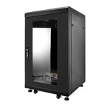 The Rich Solar black, rectangular server rack cabinet features a glass front door, side ventilation panels, and four adjustable feet—ideal for housing LiFePO4 battery systems for energy storage—shown isolated on a white background.
