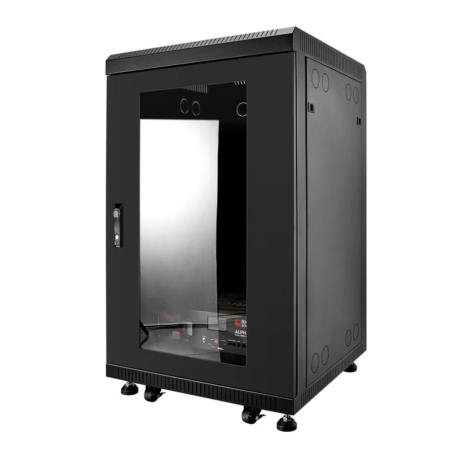 The Rich Solar black metal server rack cabinet features a glass front door, side ventilation holes, and adjustable feet—ideal for off-grid solar or renewable energy setups. Displayed against a white background.