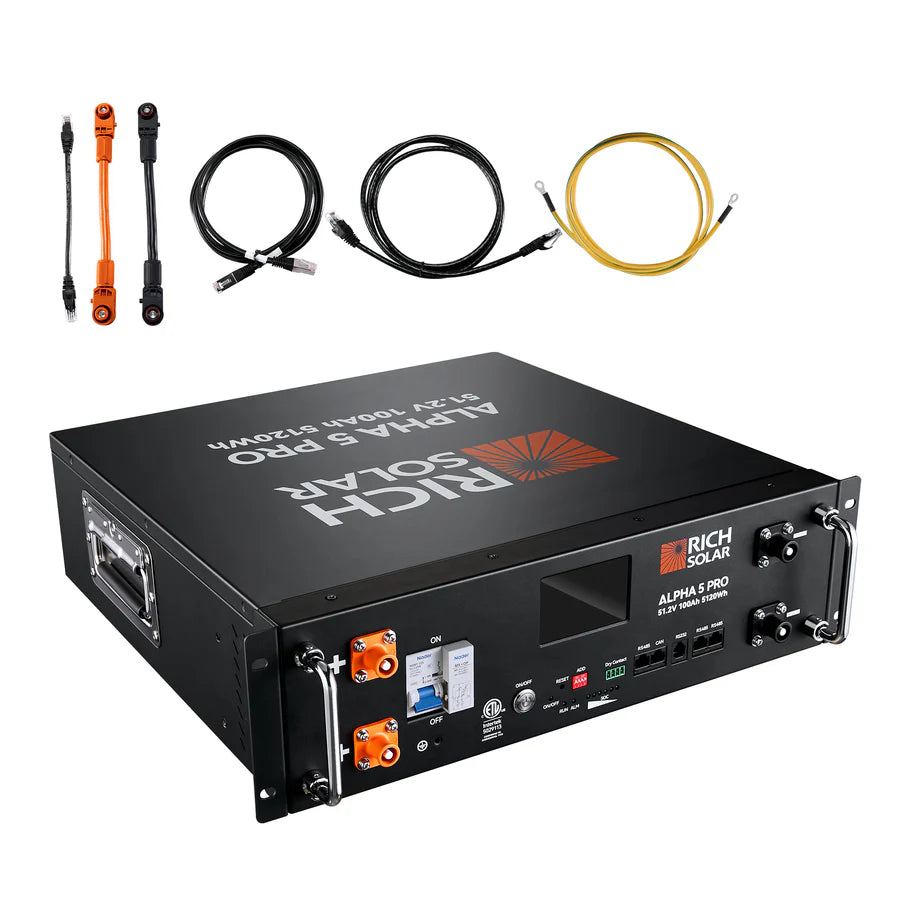 A black Rich Solar ALPHA 4 PRO 48V battery unit with display and control buttons is shown with cables and connectors on a white background, perfect for renewable energy or off-grid solar systems.