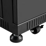Close-up of the bottom corner of a black Rich Solar metal cabinet, featuring both a stationary round foot and a caster wheel with brake—ideal for equipment such as hybrid solar inverters or lithium iron phosphate battery systems.