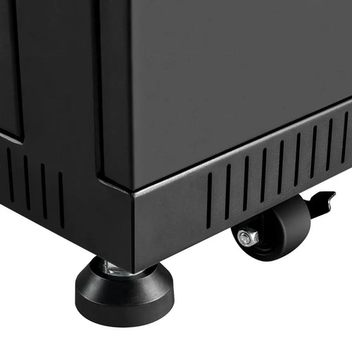 Close-up of the bottom corner of a black Rich Solar metal cabinet, featuring both a stationary round foot and a caster wheel with brake—ideal for equipment such as hybrid solar inverters or lithium iron phosphate battery systems.