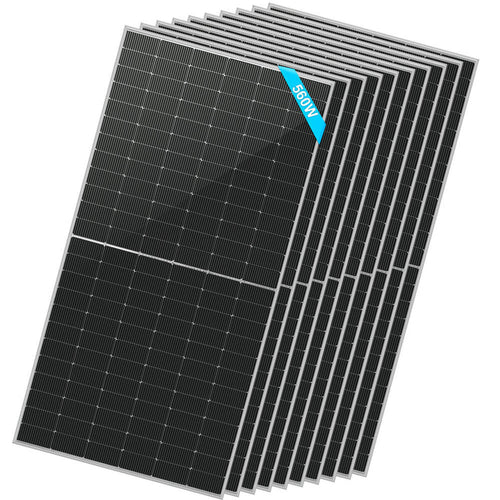 A row of ten Sungold Power black bifacial solar panels is shown, each with a 550W blue label on top. The grid-patterned solar cells enhance energy efficiency in every panel.