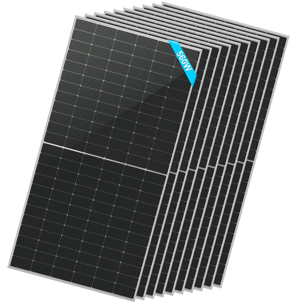 A row of ten Sungold Power black bifacial solar panels is shown, each with a 550W blue label on top. The grid-patterned solar cells enhance energy efficiency in every panel.