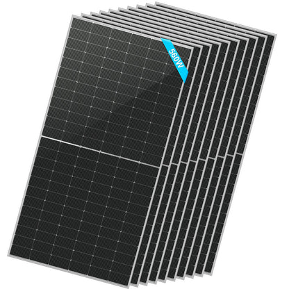 A row of ten Sungold Power black bifacial solar panels is shown, each with a 550W blue label on top. The grid-patterned solar cells enhance energy efficiency in every panel.