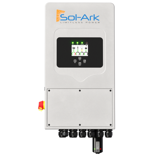 The wall-mounted Sol-Ark 5K Hybrid Inverter System features a digital display, control buttons, indicator lights, bottom cable connections, and the Sol-Ark logo at the top for advanced solar energy management.