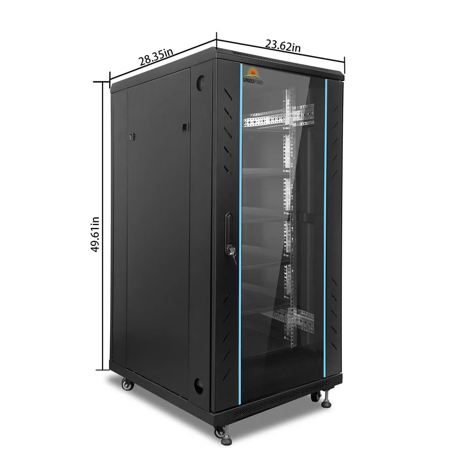 The Sungold Power black server rack cabinet has a glass front door, ventilation slots, four wheels, interior shelves, and a visible metal frame—ideal for organizing lithium battery storage or Hybrid Solar Kit parts. Size: 49.61H x 28.35D x 23.62W.