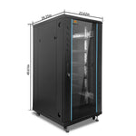 Sungold Power black server rack cabinet with glass front door, three adjustable shelves, ventilation slots, and caster wheels—perfect for solar inverter storage. Dimensions: 49.61 H x 28.35 W x 23.62 D.