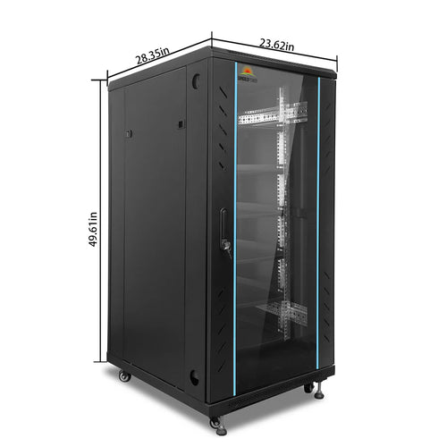 Sungold Power black server rack cabinet with glass front door, three adjustable shelves, ventilation slots, and caster wheels—perfect for solar inverter storage. Dimensions: 49.61 H x 28.35 W x 23.62 D.