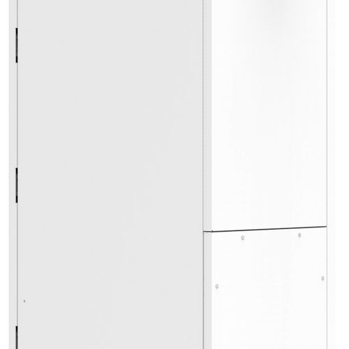 A large, white, rectangular Pytes outdoor battery cabinet with top vents, side control panel, and sturdy black base—designed to house LiFePO₄ batteries for reliable industrial energy storage.