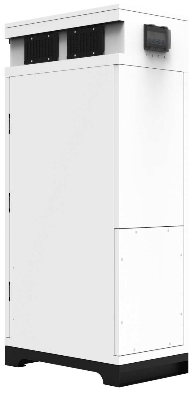 A large, white, rectangular Pytes outdoor battery cabinet with top vents, side control panel, and sturdy black base—designed to house LiFePO₄ batteries for reliable industrial energy storage.