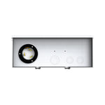 Rectangular metal electrical box with a large round black socket on the left, three circular knockouts to the right, and two small holes above the knockouts. Reminiscent of components used in solar generator systems like the Bluetti AC500 portable power station, the box is shown from the front with two bottom connectors visible.