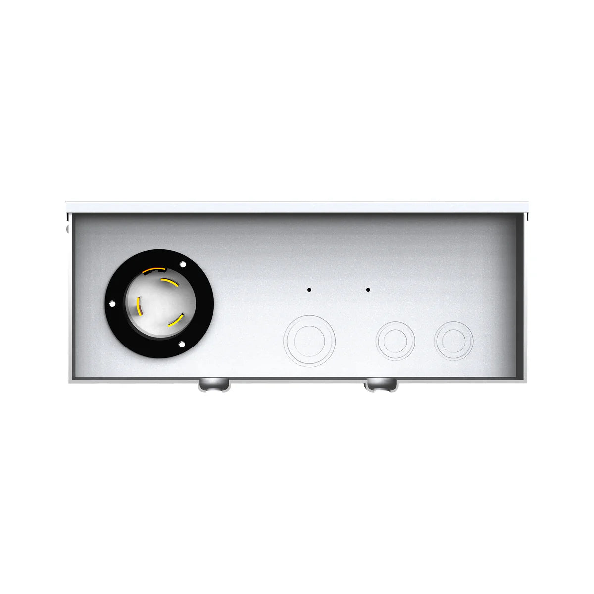 Rectangular metal electrical box with a large round black socket on the left, three circular knockouts to the right, and two small holes above the knockouts. Reminiscent of components used in solar generator systems like the Bluetti AC500 portable power station, the box is shown from the front with two bottom connectors visible.