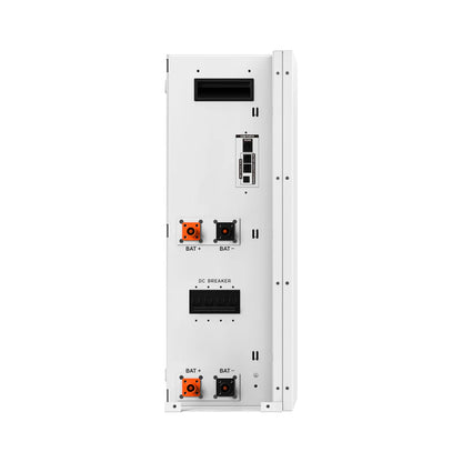 Front view of a white rectangular Rich Solar electrical device with multiple ports, connectors, a DC breaker switch, and labeled BAT+ (orange) and BAT- (black) terminals—perfect for clean energy or solar technology setups.