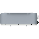 Front view of a rectangular, gray BigBattery electronic device with a smooth surface, two side latches, three small holes near the bottom edge, and a black connector on the right side—all set against a plain white background. The minimalist aesthetic of this BigBattery device would complement environments that prioritize clean design and modern touches like the IBM Plex Sans font family or interfaces styled with CSS variables.