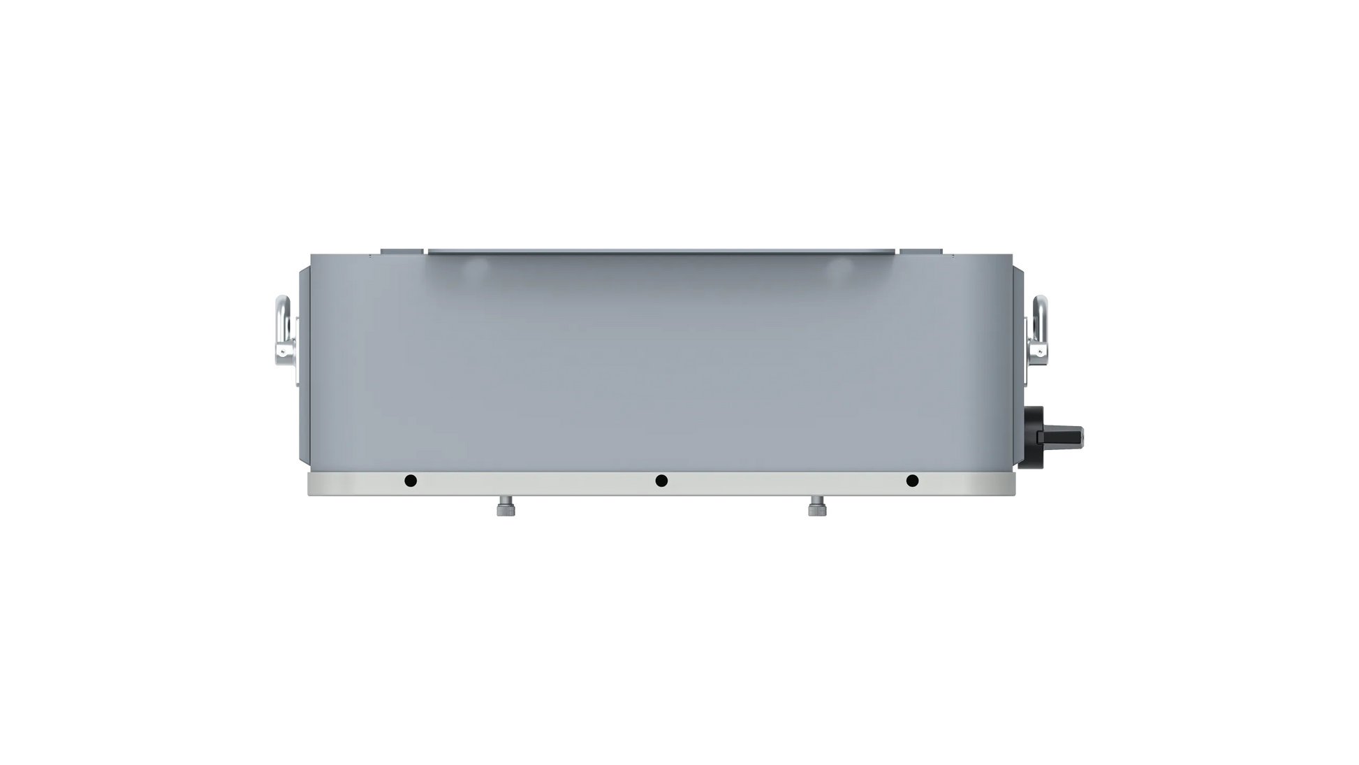 Front view of a rectangular, gray BigBattery electronic device with a smooth surface, two side latches, three small holes near the bottom edge, and a black connector on the right side—all set against a plain white background. The minimalist aesthetic of this BigBattery device would complement environments that prioritize clean design and modern touches like the IBM Plex Sans font family or interfaces styled with CSS variables.