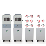 Five industrial machines labeled BigBattery APEX-10K and BigBattery APEX, nine red and black number 9s styled with IBM Plex Sans, and two metal plates are arranged in rows against a white background.