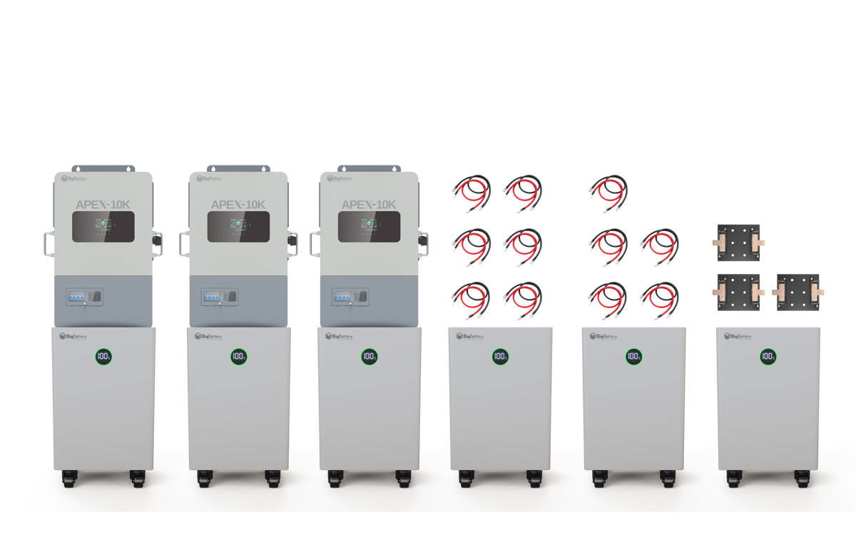 Five industrial machines labeled BigBattery APEX-10K and BigBattery APEX, nine red and black number 9s styled with IBM Plex Sans, and two metal plates are arranged in rows against a white background.