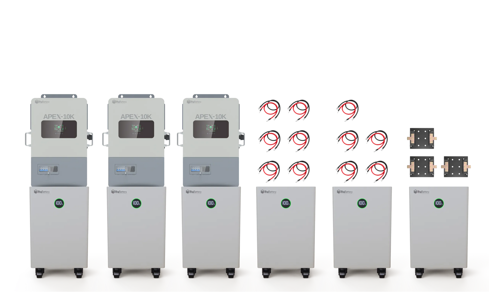 Five industrial machines labeled BigBattery APEX-10K and BigBattery APEX, nine red and black number 9s styled with IBM Plex Sans, and two metal plates are arranged in rows against a white background.